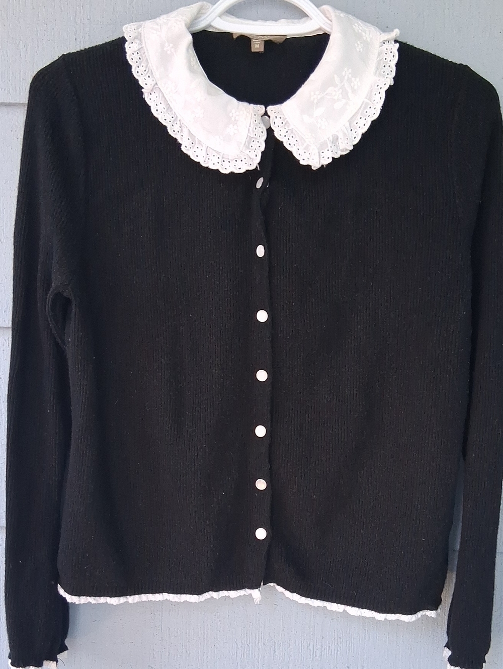 Black Knit Cardigan with White Lace Collar